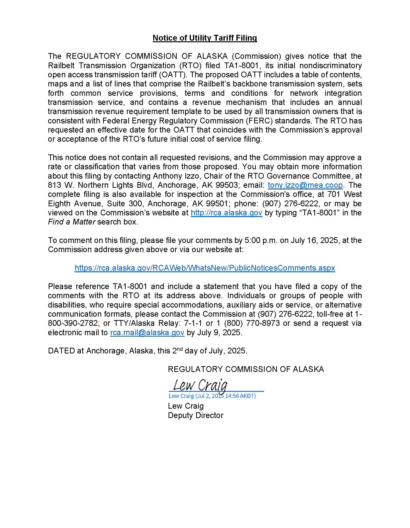 2025.07.02 RTO - Notice of Utility Tariff Filing638870978448502364